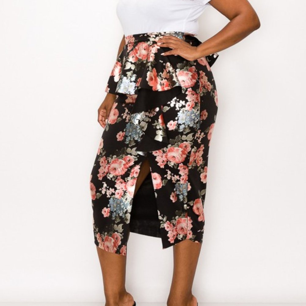 Foil Floral Ruffle Skirt